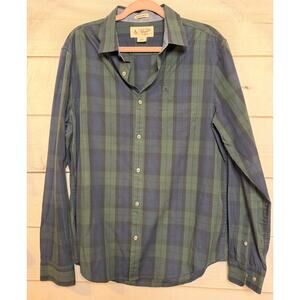 Penguin Mens L Heritage Slim Fit Button Down Shirt Blue Green Plaid Winter Ready
